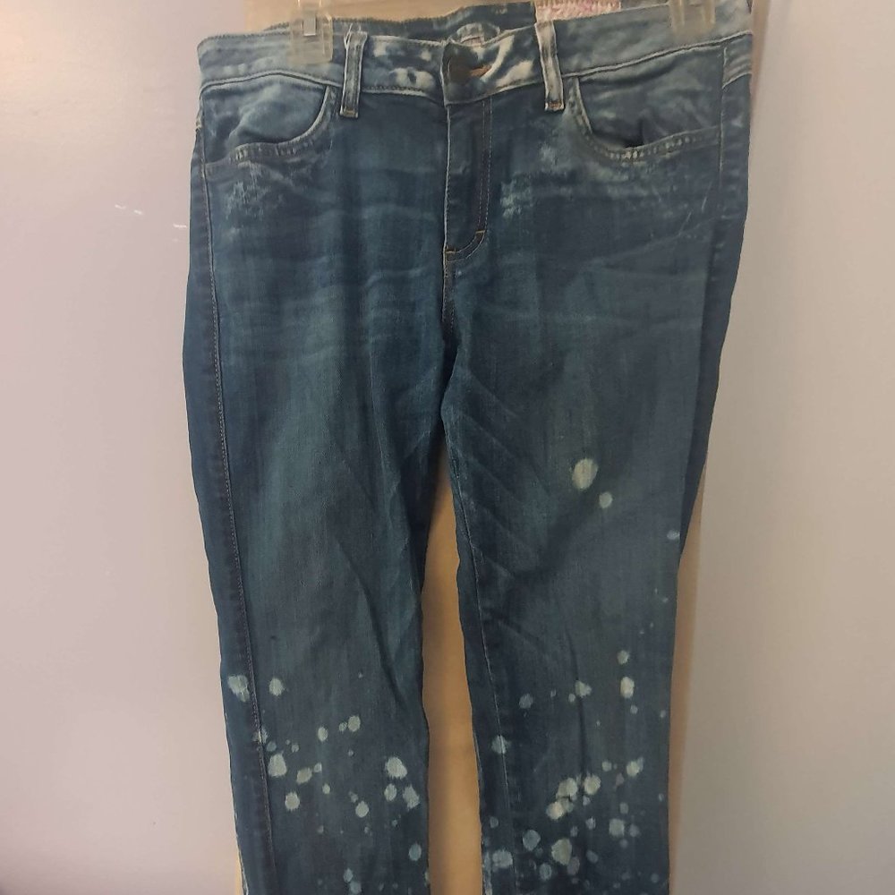 Women's Blue Denim Distressed White Paint Splatter Skinny Jeans
